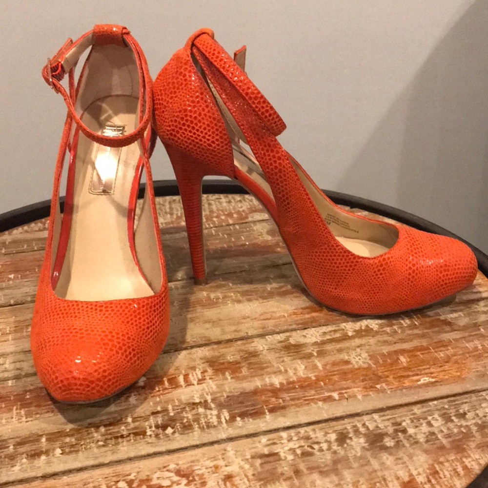 Orange leather alligator/snake print heels